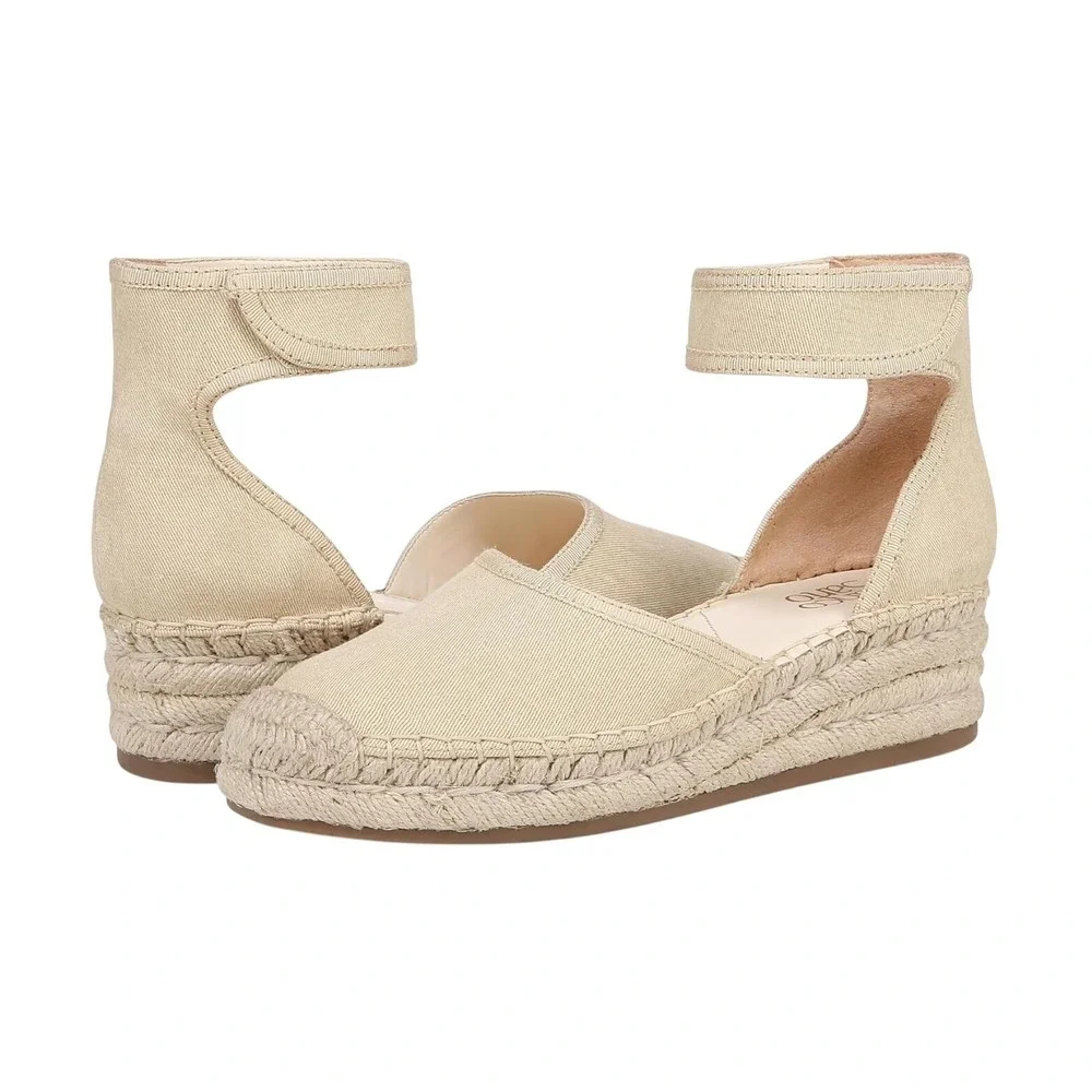 Franco Sarto D'Orsay Espadrille Wedge Sandals Beige Ankle‎ Strap Womens 9 NEW
